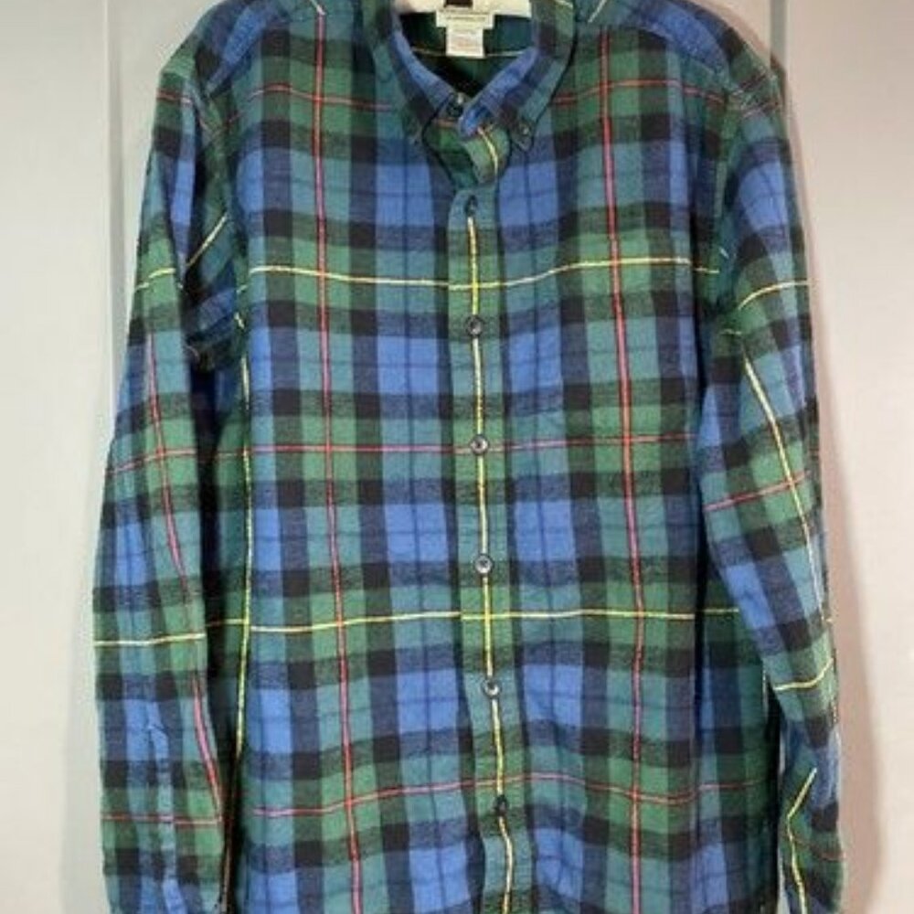 LL Bean Shirt Men Green Blue Traditional Fit 228061 Plaid Button Up Shirt Size L